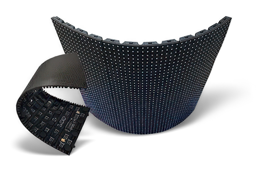 ARECH flexible LED module curved concave with lit blue pixels, beside a bendable strip showing the rubber backing