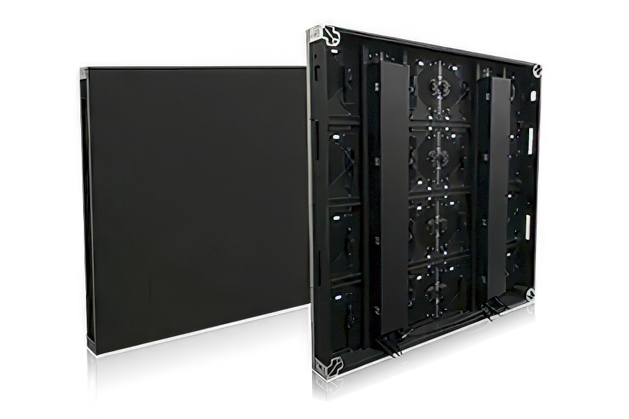 ARECH outdoor LED display cabinet, front face beside the open rear showing internal modules and corner locks